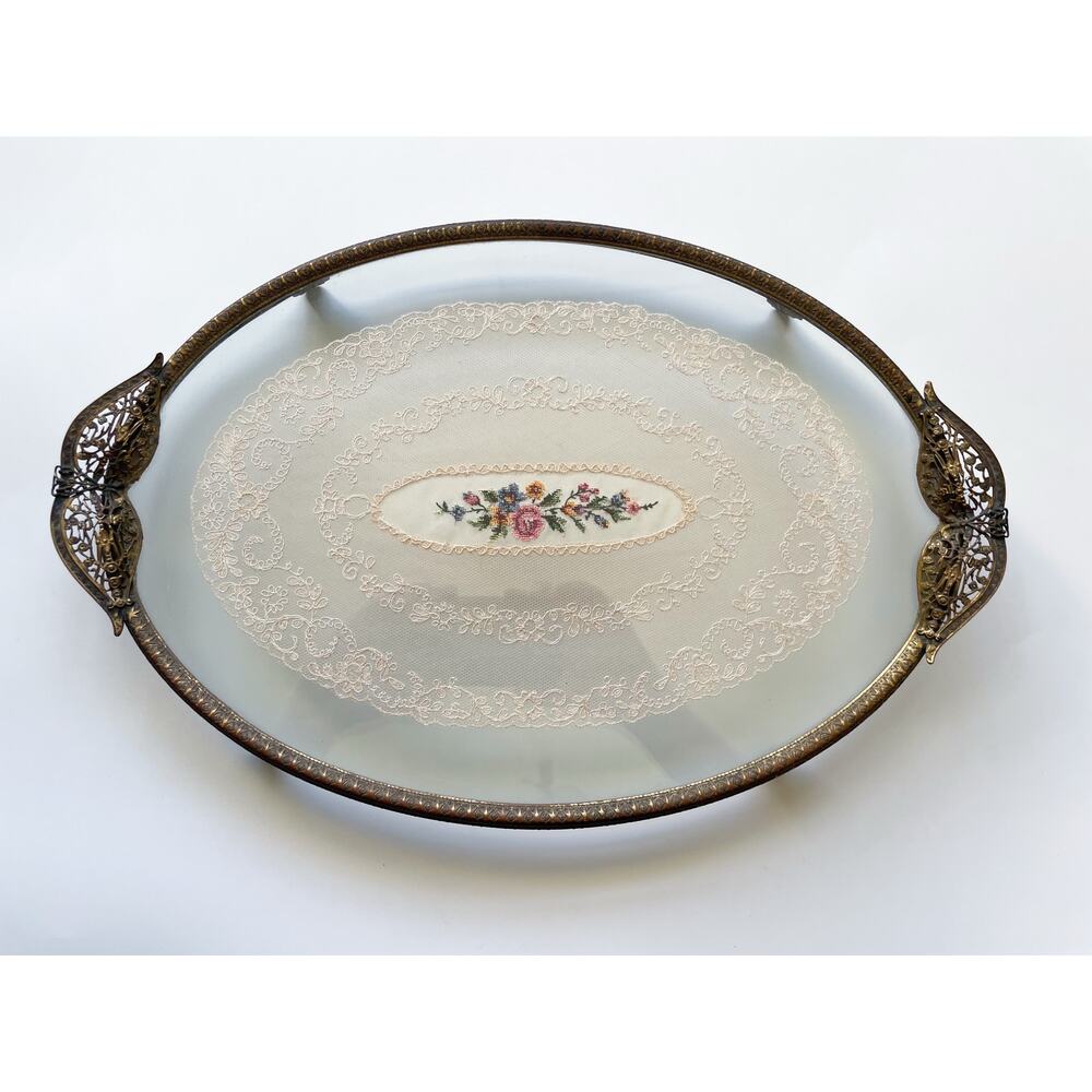 Vintage Brass & Glass Oval Vanity Dressing Tray Embroidered Lace Footed 14”
